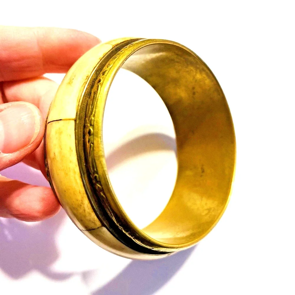 Vintage Bangle Bracelet Embossed Brass & Faux Bone Panel Inlay Tribal Boho Chic